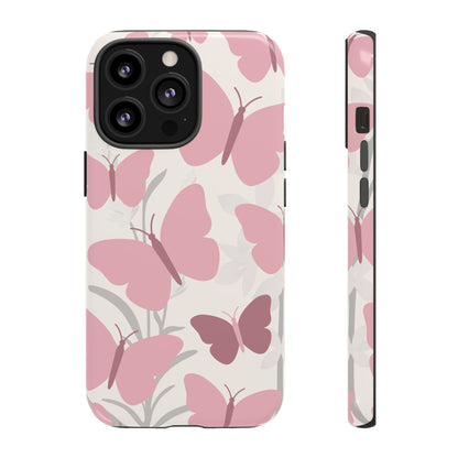 iPhone 13 Pro / Glossy Phone Case - Minimalist Cream & Pink Butterfly Pattern Phone Case