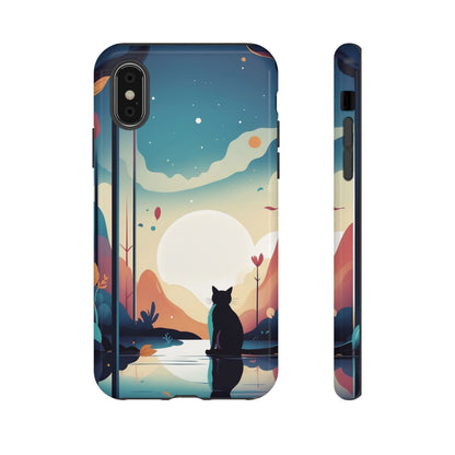 iPhone XS / Glossy Phone Case - Stylised Cat & Moon Design Phone Case