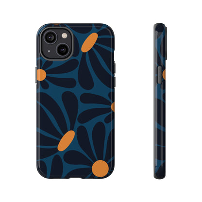 Dark Blue & Orange Daisy Pattern Phone Case - Blue Phone Case - iPhone 14 Plus / Glossy