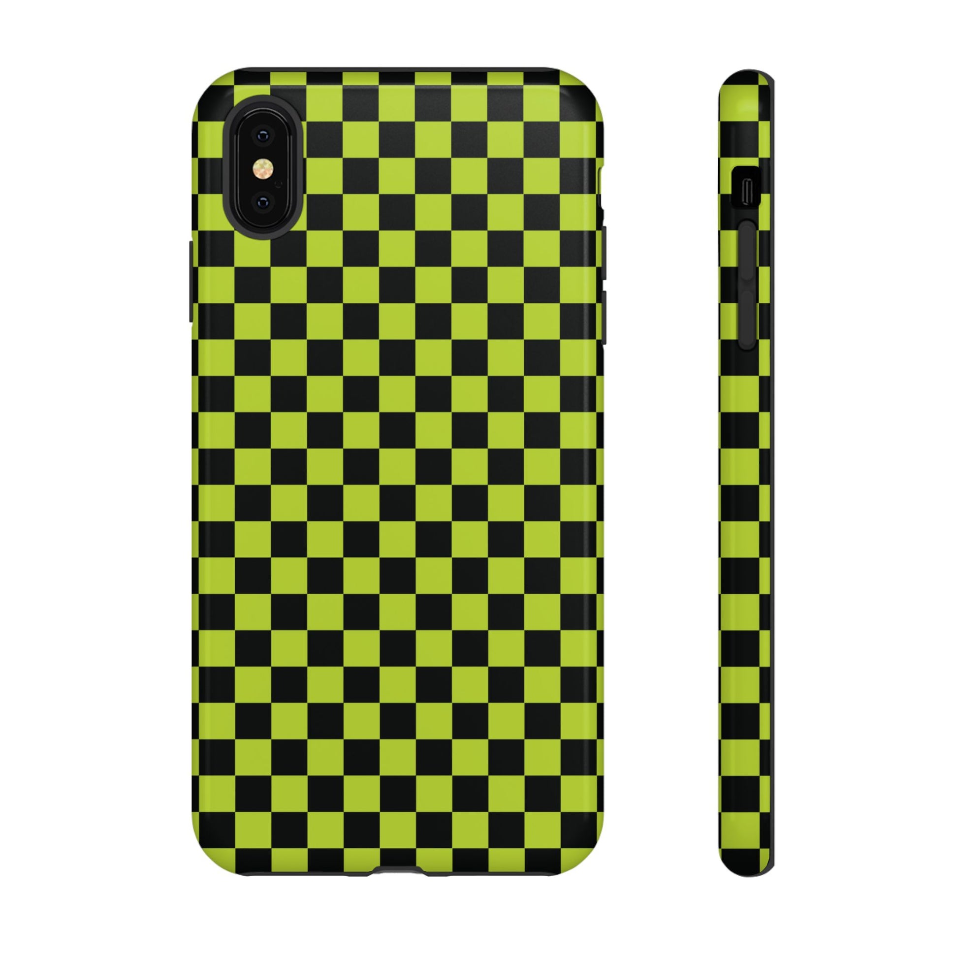 iPhone XS MAX / Glossy Phone Case - Trendy Neon Lime Green & Plum Small Checked Pattern Phone Case