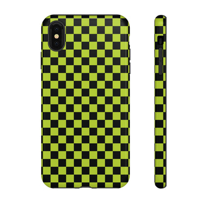 iPhone XS MAX / Glossy Phone Case - Trendy Neon Lime Green & Plum Small Checked Pattern Phone Case