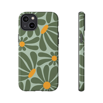 Retro Green Daisy Pattern Phone Case - Green Phone Case - iPhone 14 Plus / Glossy