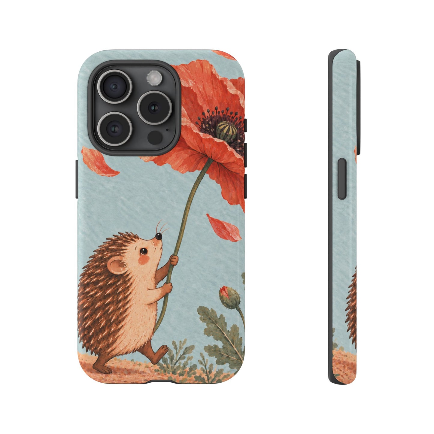 Whimsical Pale Blue Hedgehog and Poppy Phone Case - Blue Phone Case - iPhone 15 Pro / Glossy