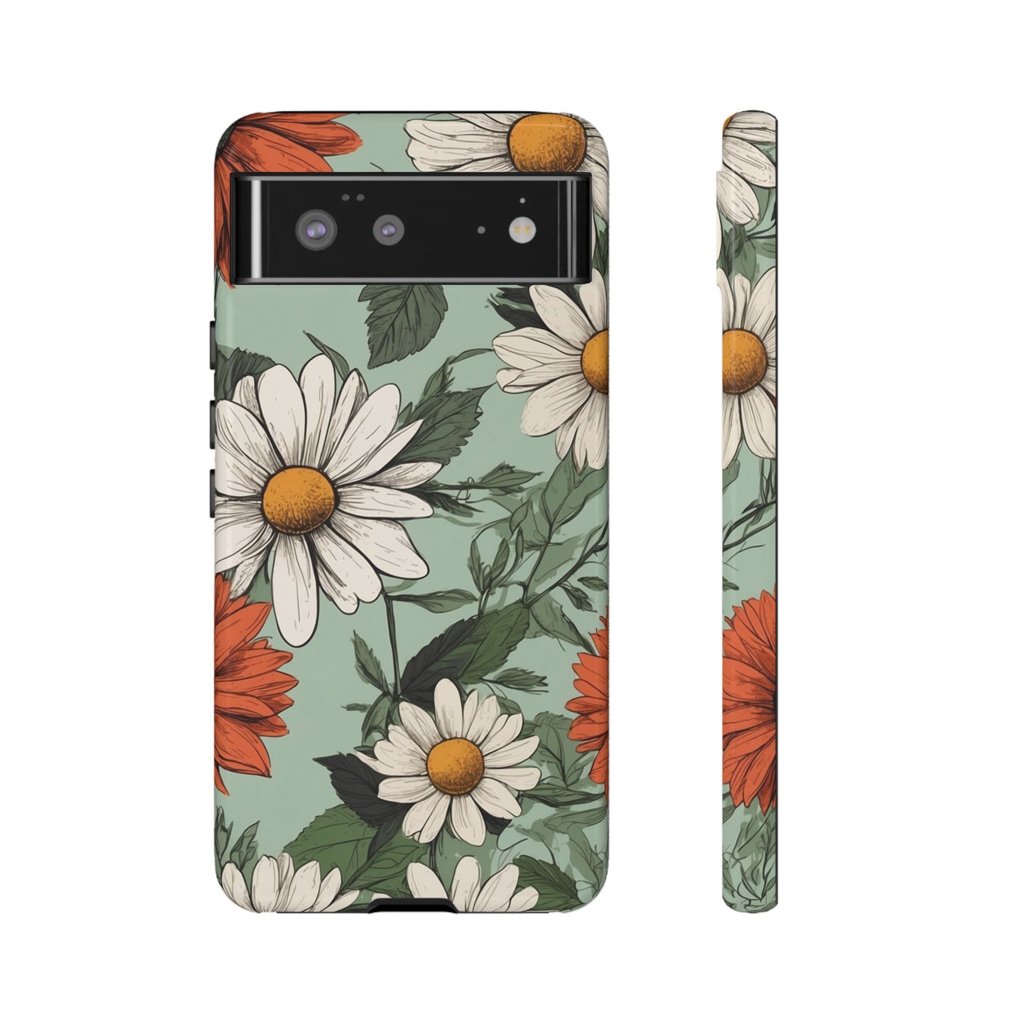 Google Pixel 6 / Glossy Phone Case - Boho Chic Daisies Floral Pattern ’White & Orange’ Phone Case