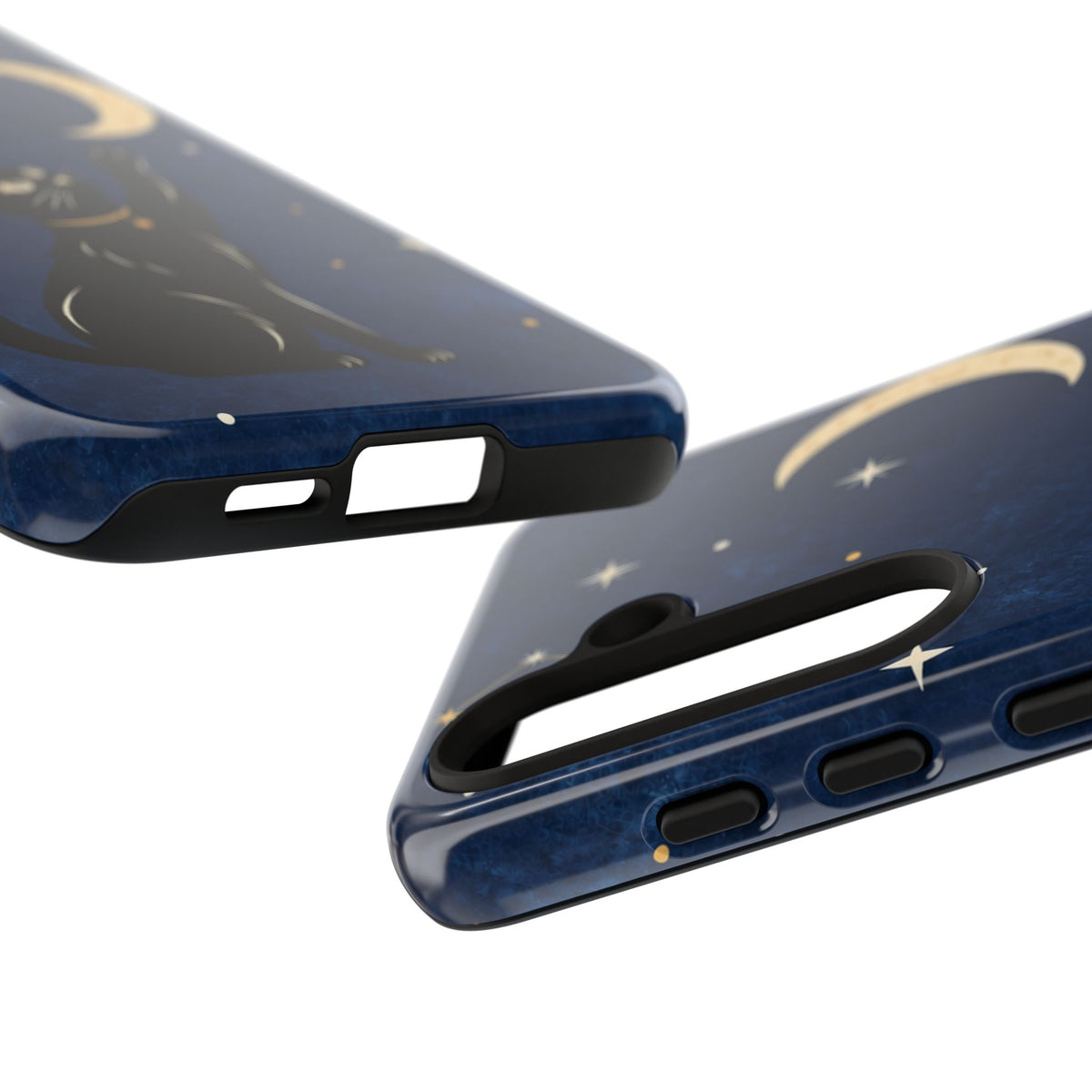 Whimsical Navy Blue Celestial Black Cat Phone Case