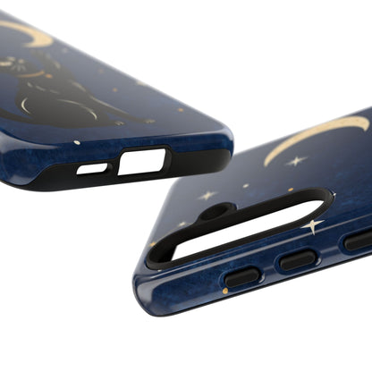 Whimsical Navy Blue Celestial Black Cat Phone Case