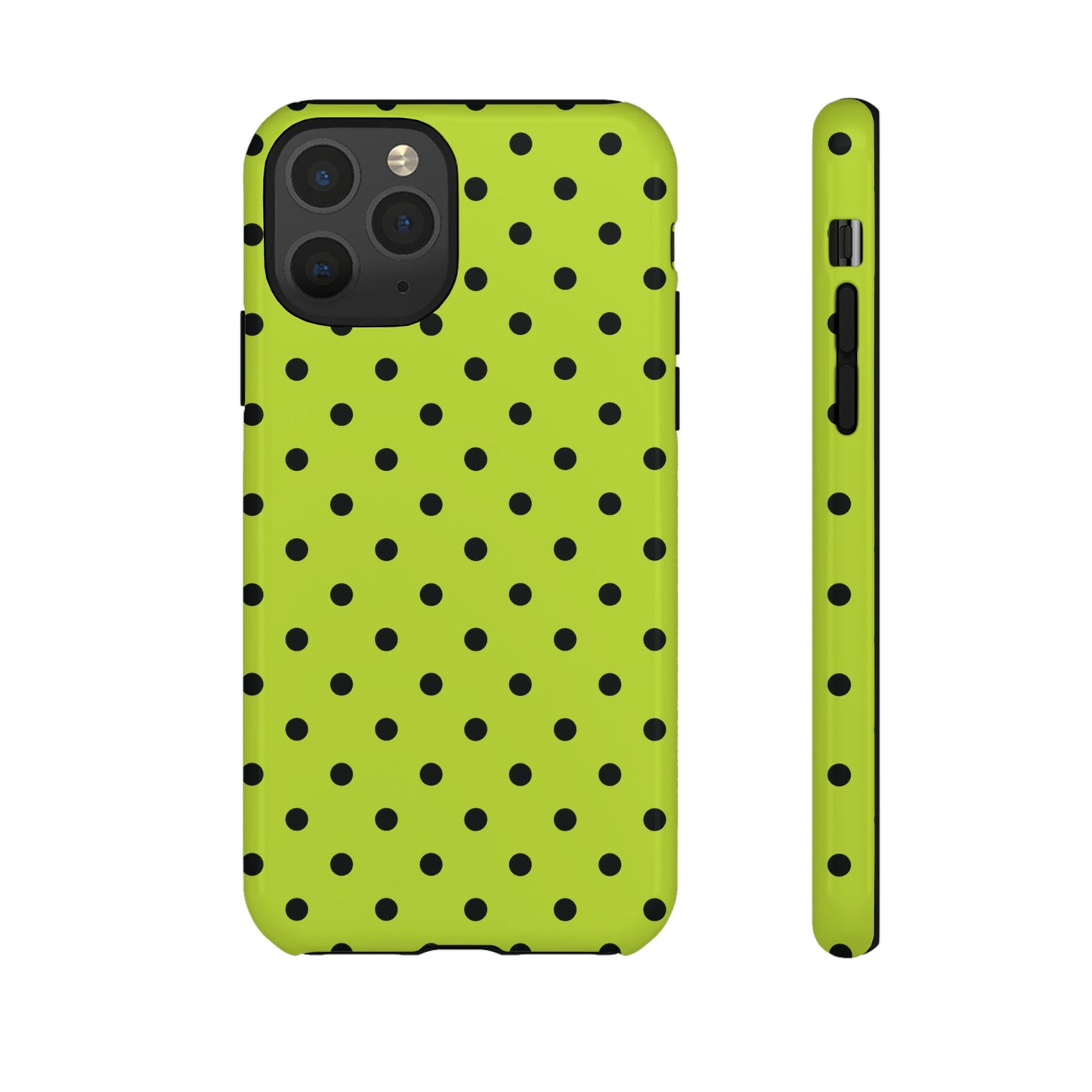 iPhone 11 Pro / Glossy Phone Case - Trendy Neon Lime Green & Black Dot Pattern Phone Case