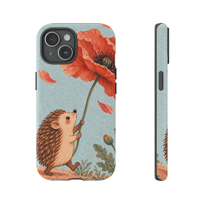Whimsical Pale Blue Hedgehog and Poppy Phone Case - Blue Phone Case - iPhone 15 / Glossy