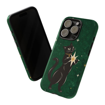 Forest Green Celestial Black Cat Phone Case - Green Phone Case