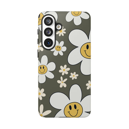 Fun Retro Daisy Pattern with Olive Green Background Phone Case - Green Phone Case - Samsung Galaxy S26 Plus / Glossy
