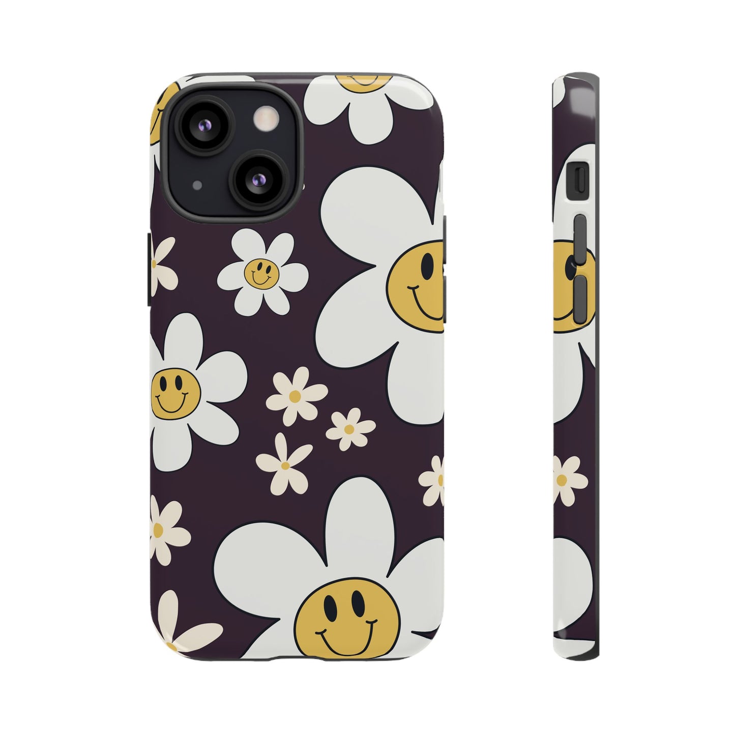 iPhone 13 Mini / Glossy Phone Case - Fun Retro Daisy Pattern with Purple Background Phone Case