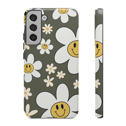 Samsung Galaxy S22 Plus / Glossy Phone Case - Fun Retro Daisy Pattern with Olive Green Background Phone Case