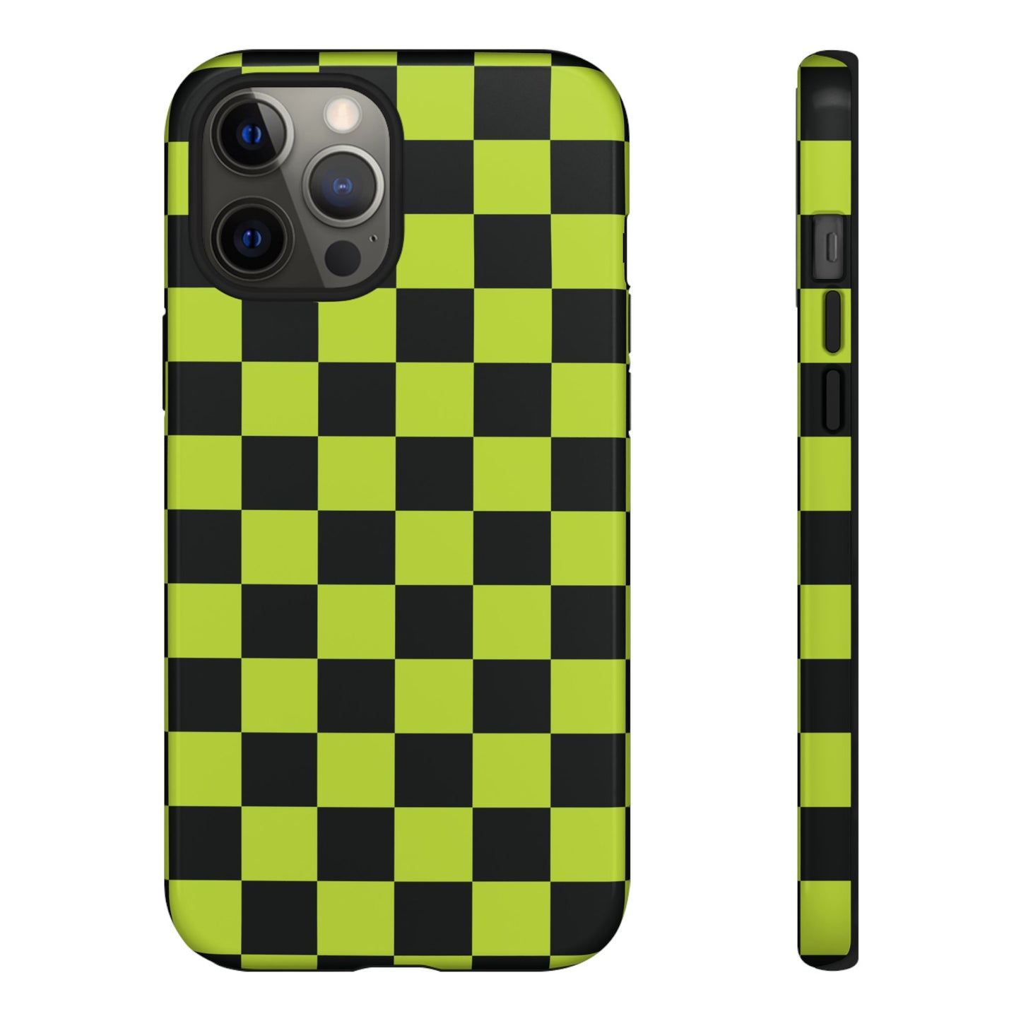 iPhone 12 Pro Max / Glossy Phone Case - Trendy Neon Lime Green & Black Checked Pattern Phone Case