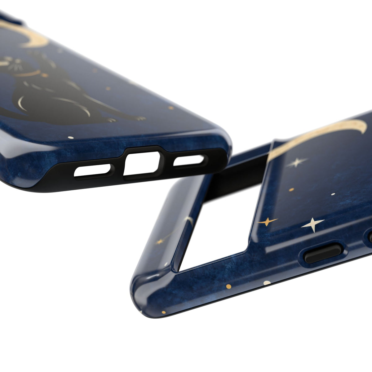 Whimsical Navy Blue Celestial Black Cat Phone Case