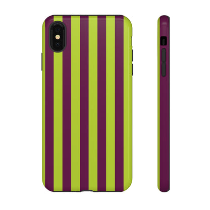 iPhone XS MAX / Glossy Phone Case - Trendy Neon Lime Green & Plum Stripe Pattern Phone Case