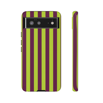 Google Pixel 6 / Glossy Phone Case - Trendy Neon Lime Green & Plum Stripe Pattern Phone Case
