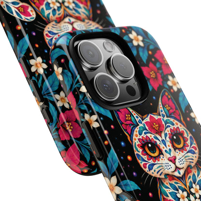 Vibrant Pink and Turquoise Calavera Cat Phone Case - Multicolor Phone Case