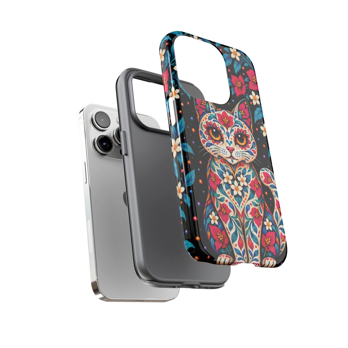 Vibrant Pink and Turquoise Calavera Cat Phone Case - Multicolor Phone Case