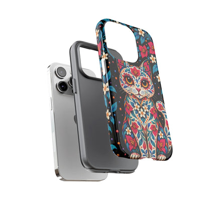 Vibrant Pink and Turquoise Calavera Cat Phone Case - Multicolor Phone Case