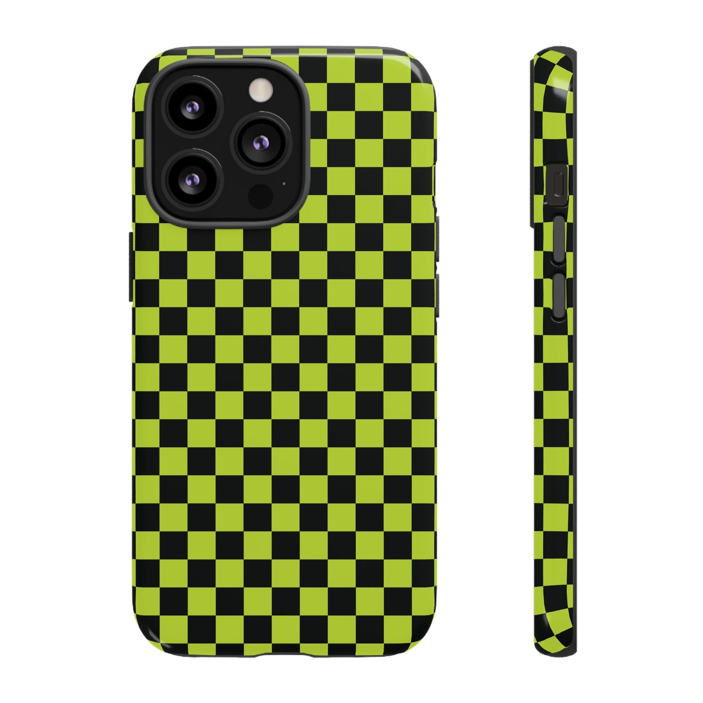 iPhone 13 Pro / Glossy Phone Case - Trendy Neon Lime Green & Plum Small Checked Pattern Phone Case