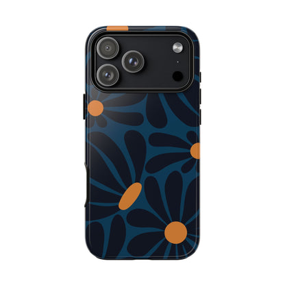 iPhone 17 Pro Max / Glossy Phone Case - ’Dark Blue & Orange Daisy Pattern’ Phone Case