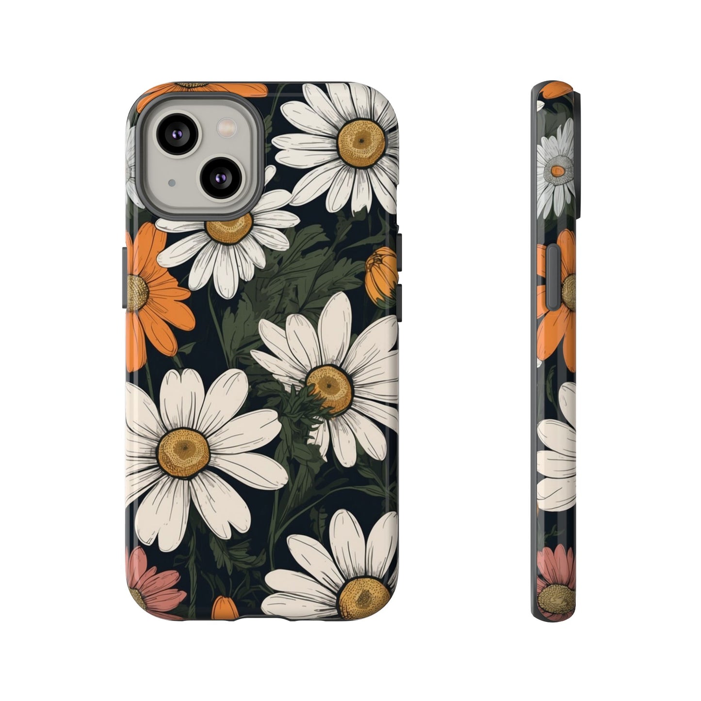 iPhone 14 / Glossy Phone Case - Boho Chic Daisies Floral Pattern ’White Orange & Pink’ Phone Case