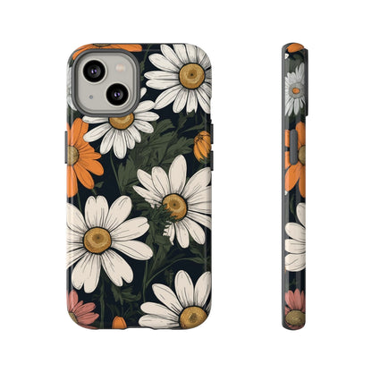 iPhone 14 / Glossy Phone Case - Boho Chic Daisies Floral Pattern ’White Orange & Pink’ Phone Case