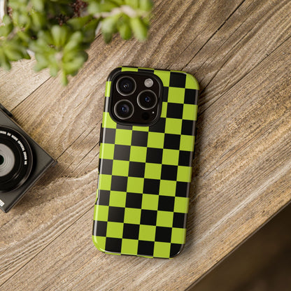 Phone Case - Trendy Neon Lime Green & Black Checked Pattern Phone Case