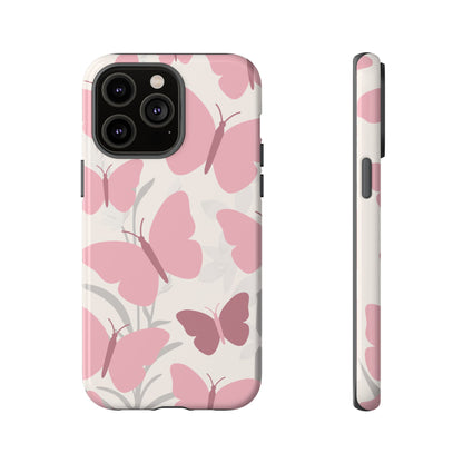 iPhone 14 Pro Max / Glossy Phone Case - Minimalist Cream & Pink Butterfly Pattern Phone Case