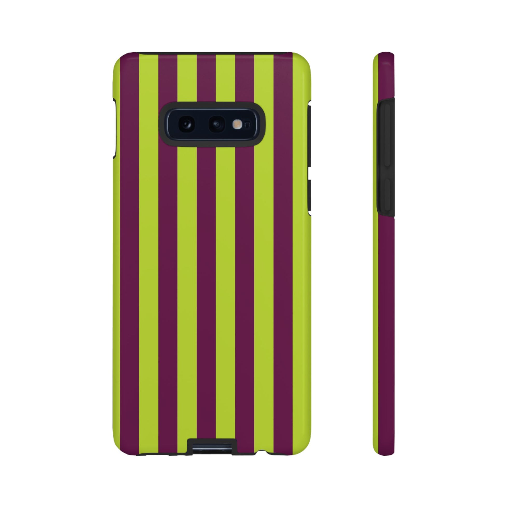 Samsung Galaxy S10E / Glossy Phone Case - Trendy Neon Lime Green & Plum Stripe Pattern Phone Case