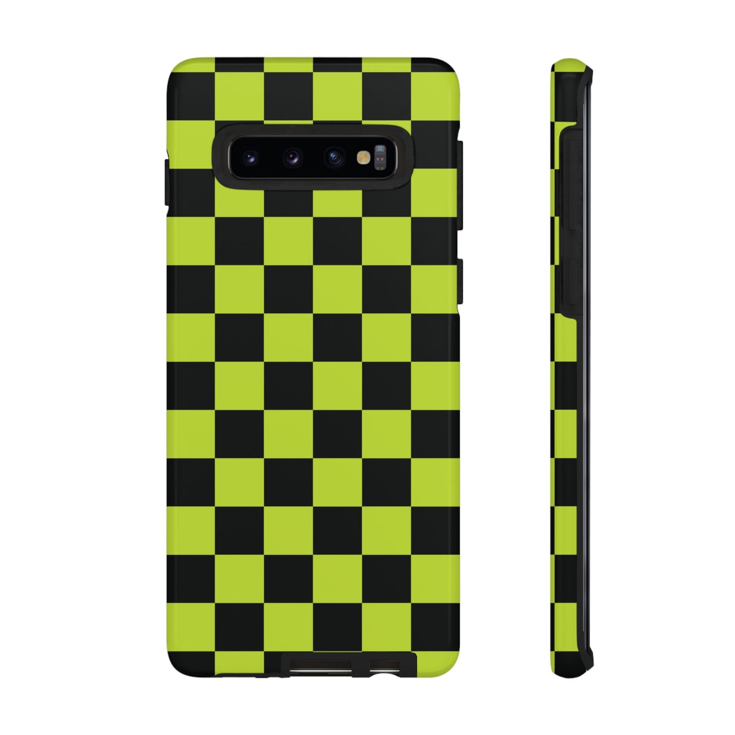 Samsung Galaxy S10 / Glossy Phone Case - Trendy Neon Lime Green & Black Checked Pattern Phone Case