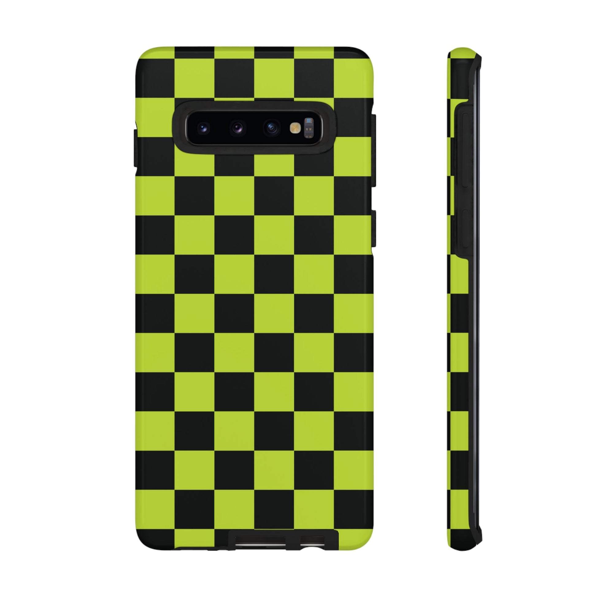 Samsung Galaxy S10 / Glossy Phone Case - Trendy Neon Lime Green & Black Checked Pattern Phone Case