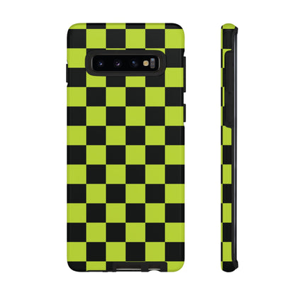 Samsung Galaxy S10 / Glossy Phone Case - Trendy Neon Lime Green & Black Checked Pattern Phone Case