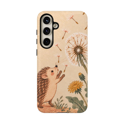Whimsical Cream Hedgehog and Dandelion Phone Case - White Phone Case - Samsung Galaxy S24 Plus / Glossy