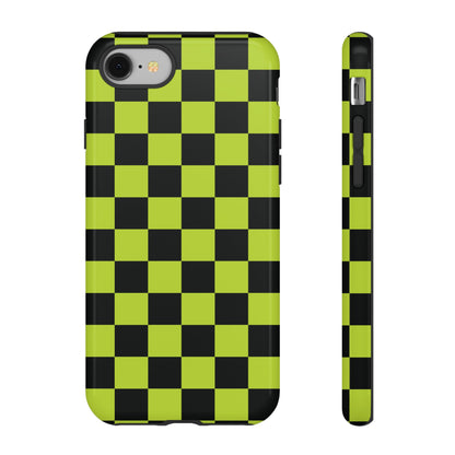 iPhone 8 / Glossy Phone Case - Trendy Neon Lime Green & Black Checked Pattern Phone Case