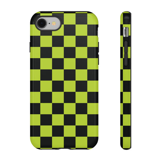iPhone 8 / Glossy Phone Case - Trendy Neon Lime Green & Black Checked Pattern Phone Case