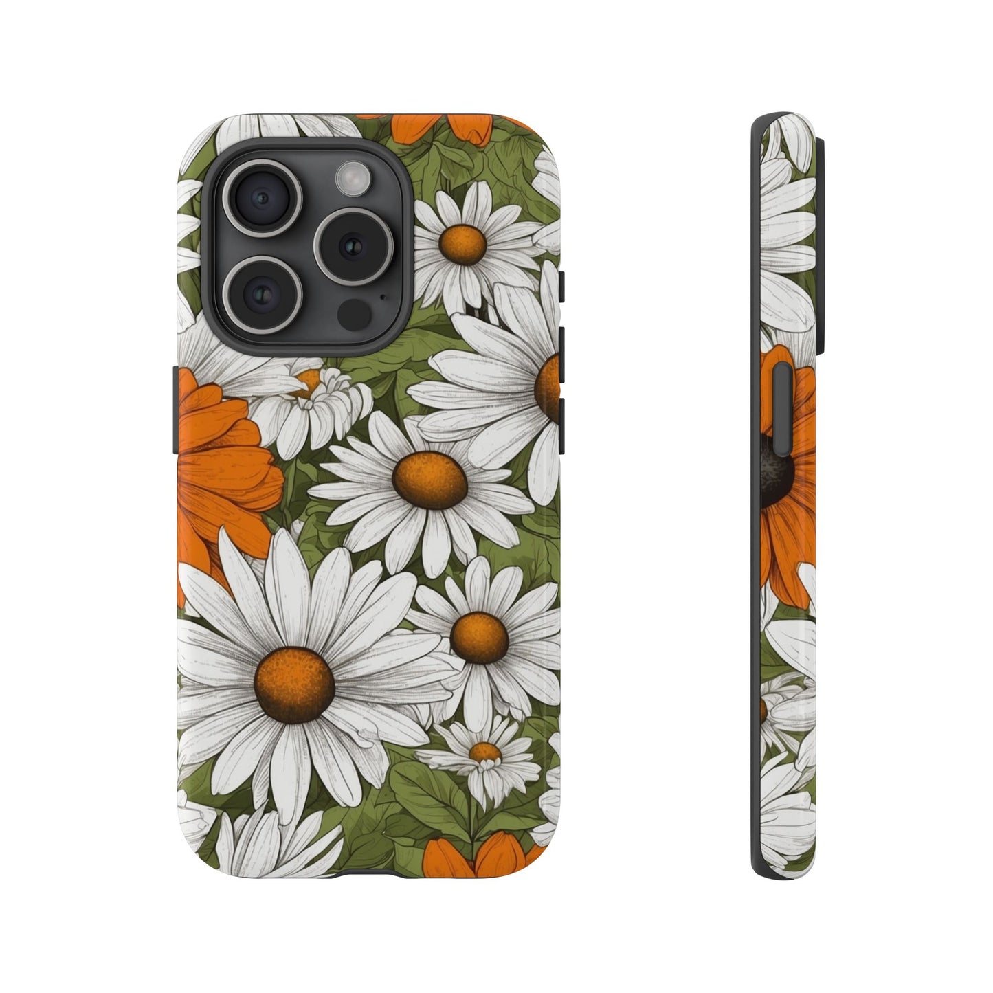 iPhone 15 Pro / Glossy Phone Case - Boho Chic Daisies Floral Pattern ’White Orange & Green’ Phone Case