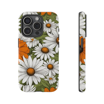 iPhone 15 Pro / Glossy Phone Case - Boho Chic Daisies Floral Pattern ’White Orange & Green’ Phone Case
