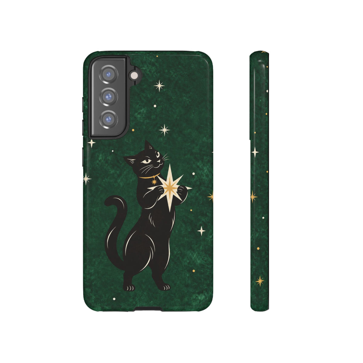 Forest Green Celestial Black Cat Phone Case - Green Phone Case - Samsung Galaxy S21 FE / Glossy