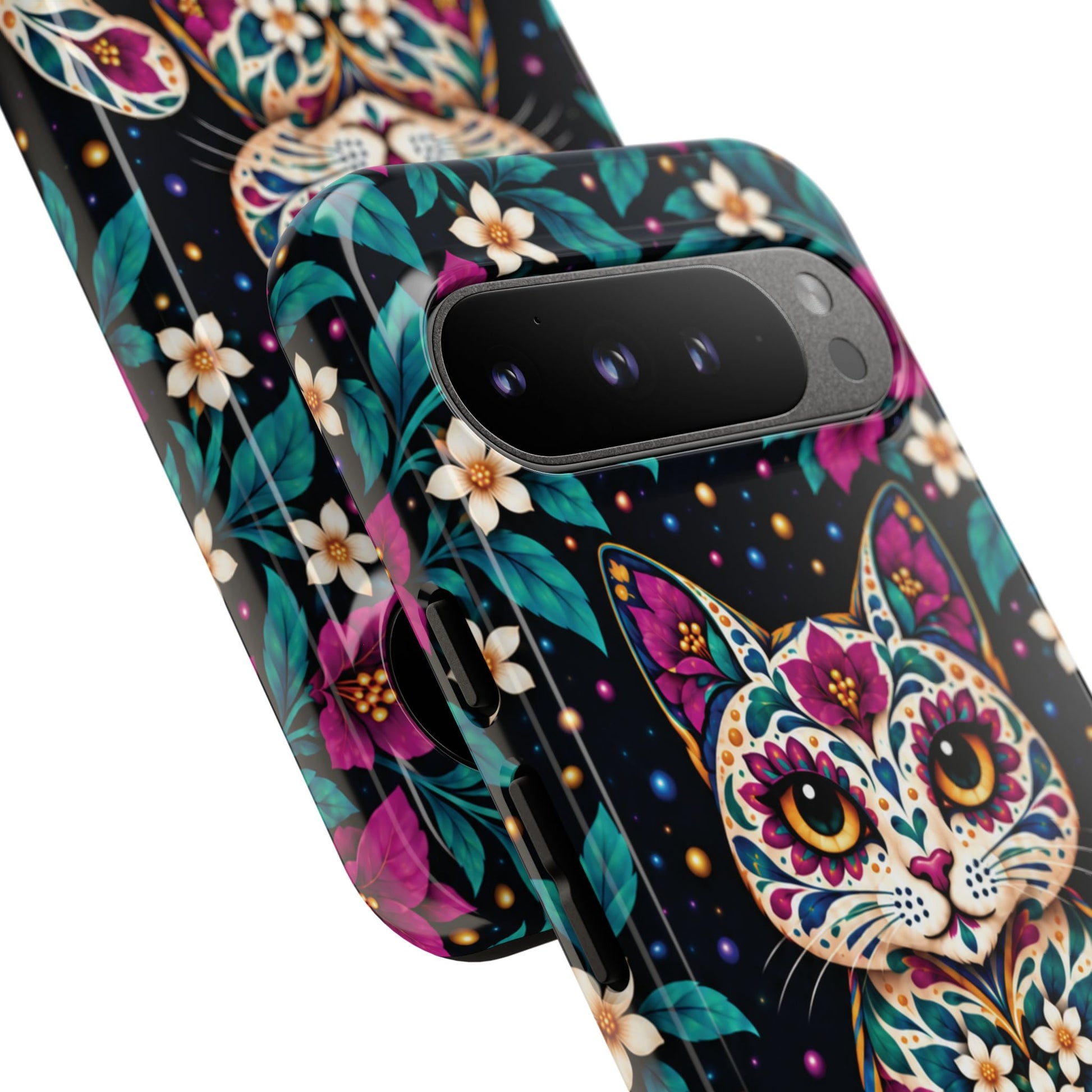 Vibrant Purple and Teal Calavera Cat Phone Case - Multicolor Phone Case