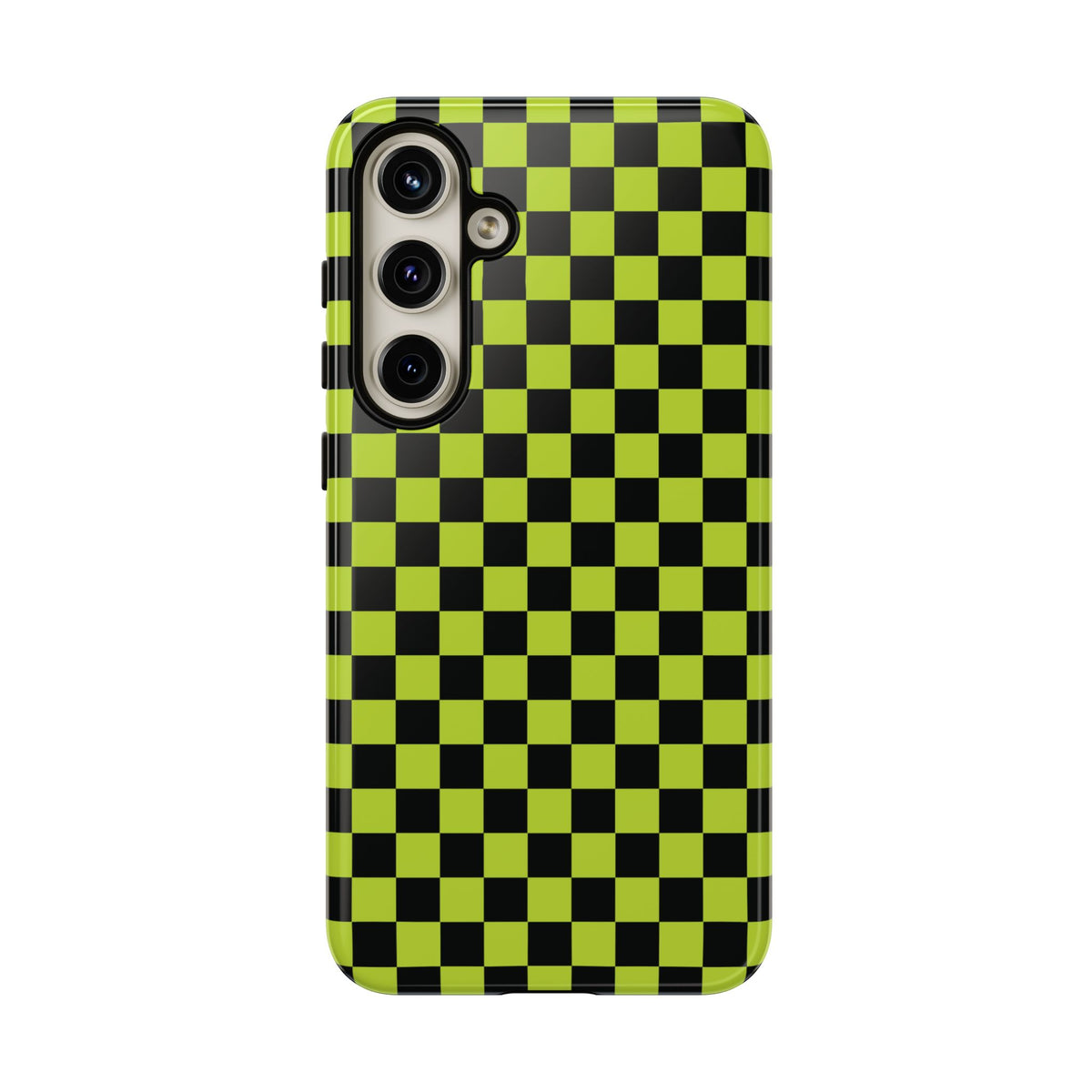 Trendy Neon Lime Green & Black Small Checked Pattern Phone Case - Green Phone Case - Samsung Galaxy S24 Plus / Glossy