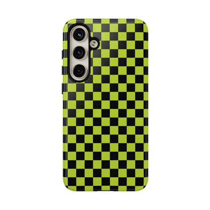 Trendy Neon Lime Green & Black Small Checked Pattern Phone Case - Green Phone Case - Samsung Galaxy S24 Plus / Glossy