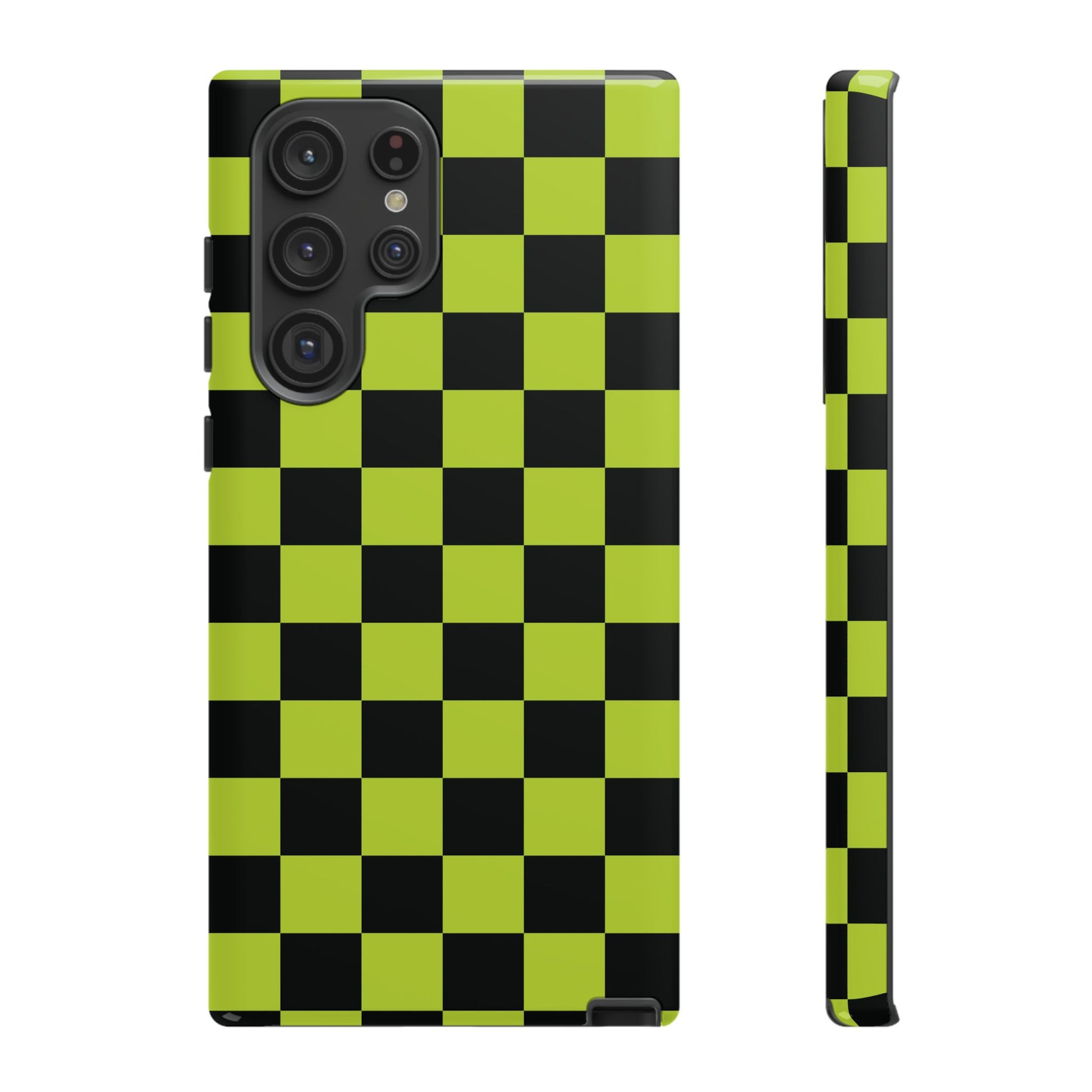 Samsung Galaxy S22 Ultra / Glossy Phone Case - Trendy Neon Lime Green & Black Checked Pattern Phone Case