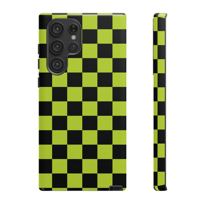 Samsung Galaxy S22 Ultra / Glossy Phone Case - Trendy Neon Lime Green & Black Checked Pattern Phone Case
