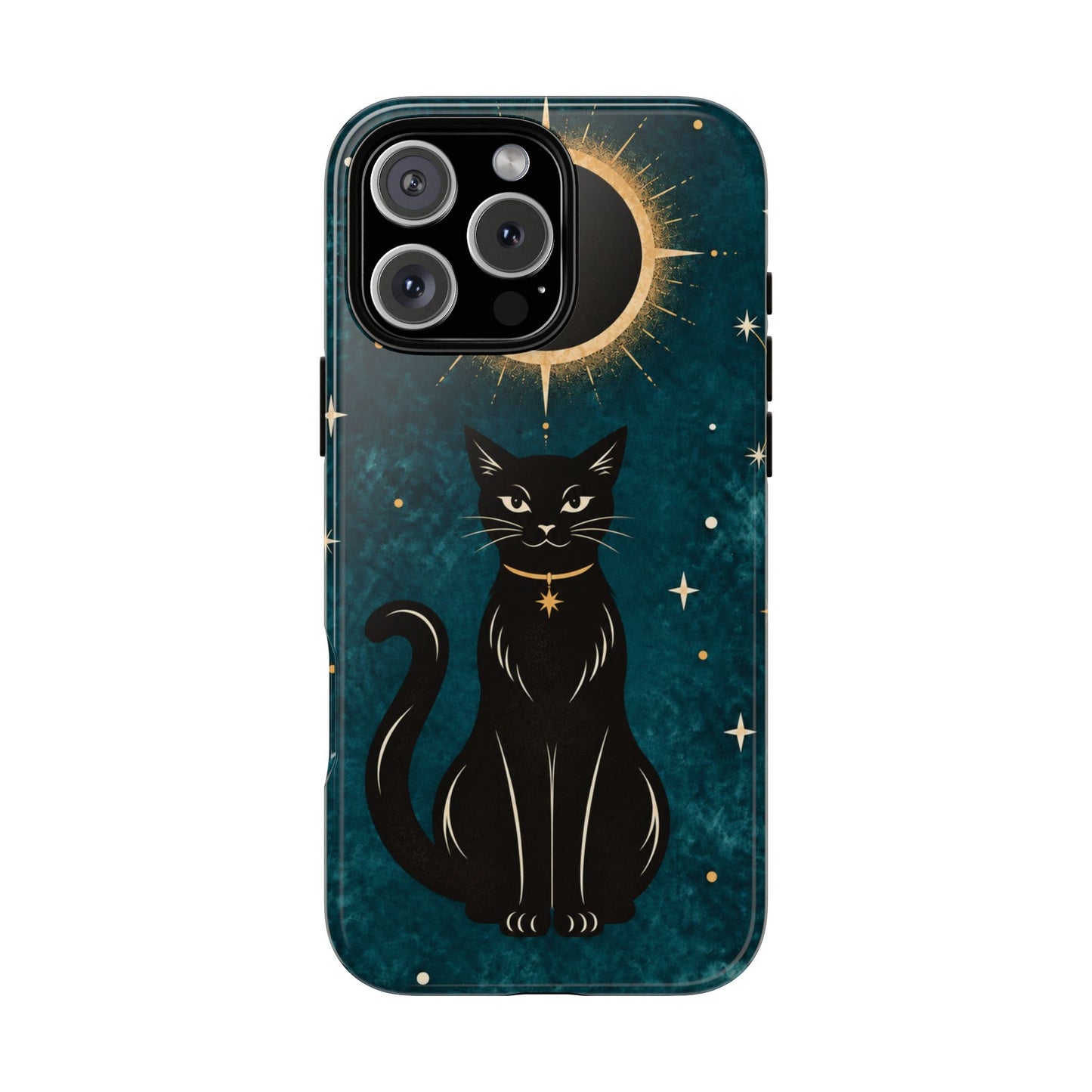Whimsical Teal Celestial Black Cat Phone Case