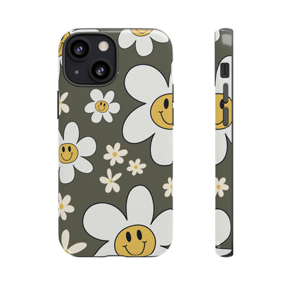 iPhone 13 Mini / Glossy Phone Case - Fun Retro Daisy Pattern with Olive Green Background Phone Case