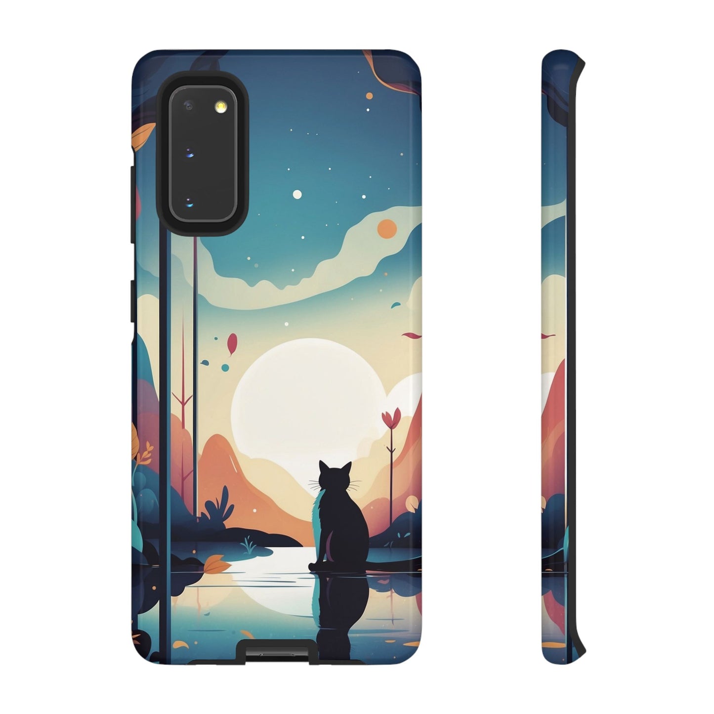 Samsung Galaxy S20 / Glossy Phone Case - Stylised Cat & Moon Design Phone Case