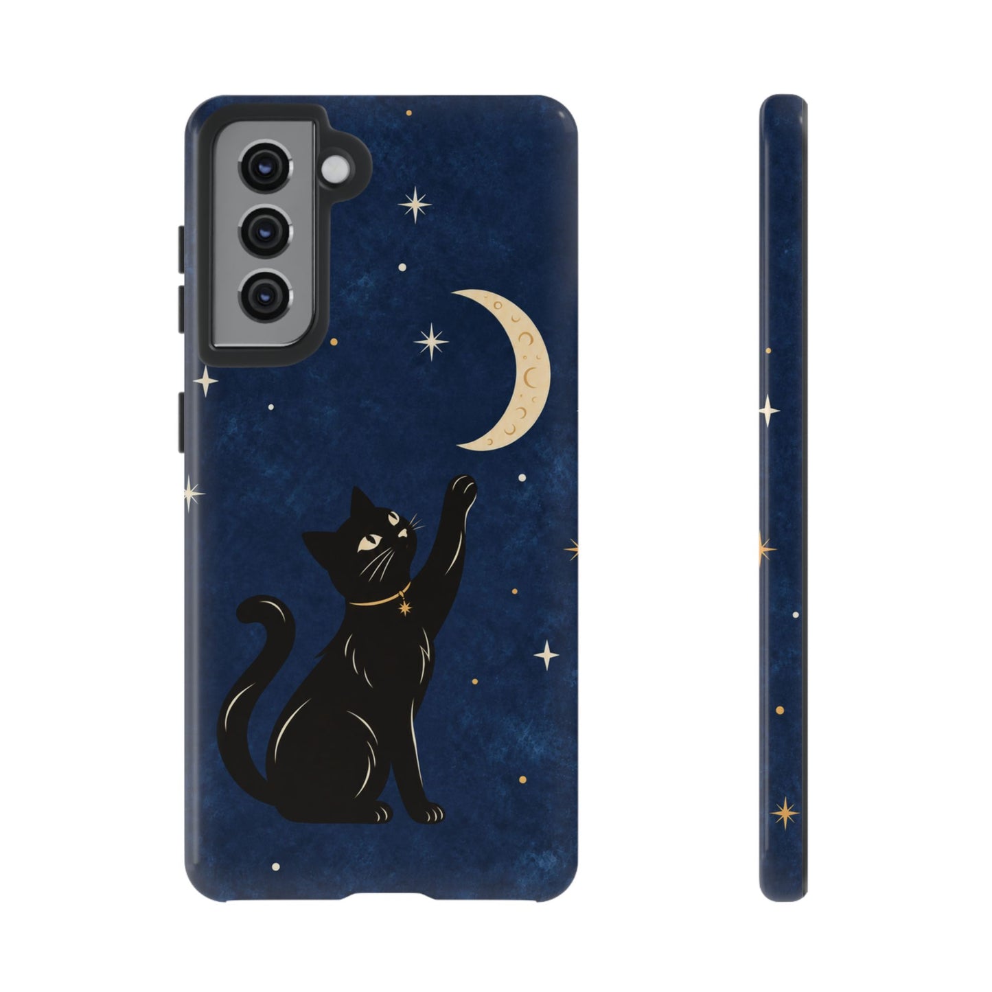 Whimsical Navy Blue Celestial Black Cat Phone Case
