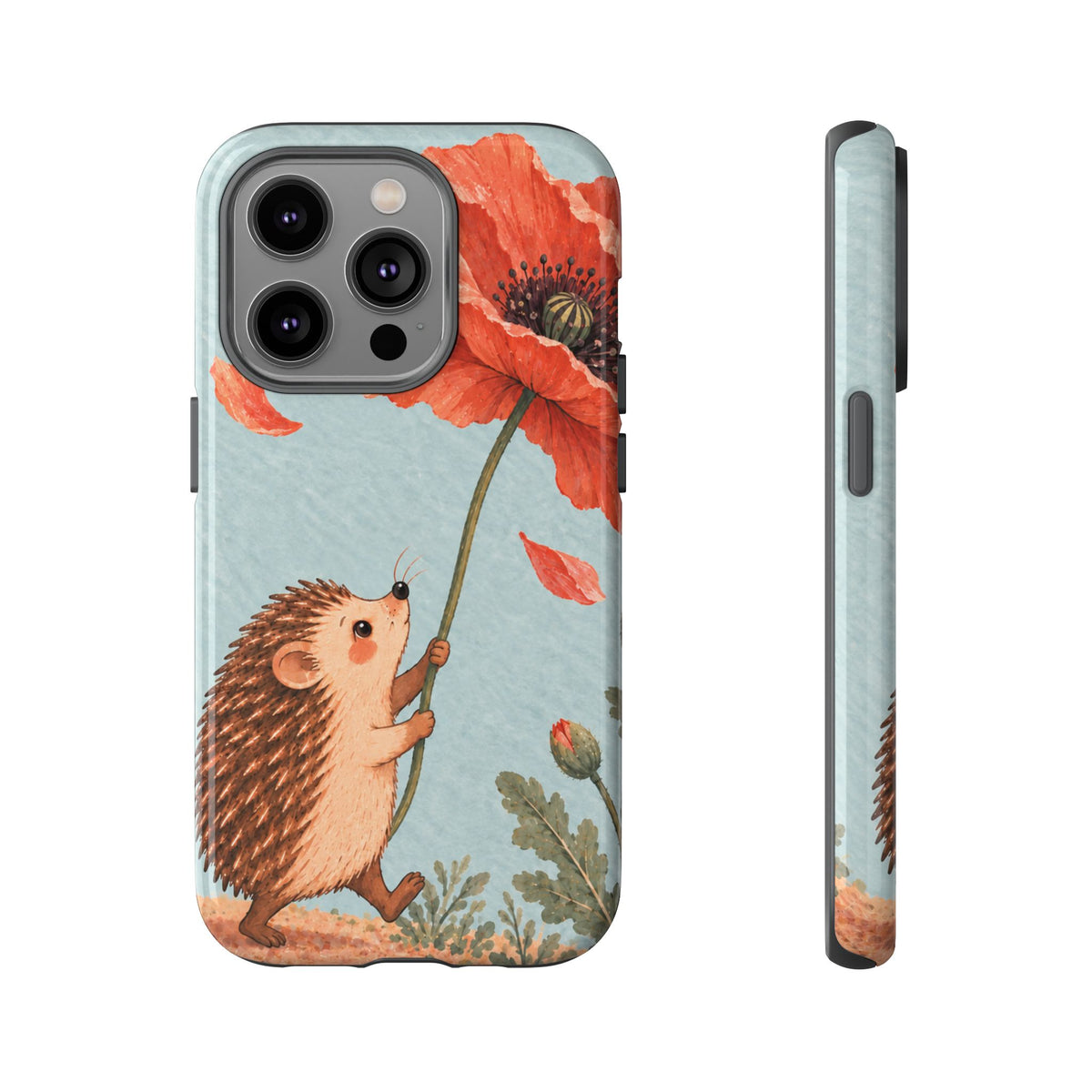 Whimsical Pale Blue Hedgehog and Poppy Phone Case - Blue Phone Case - iPhone 14 Pro / Glossy