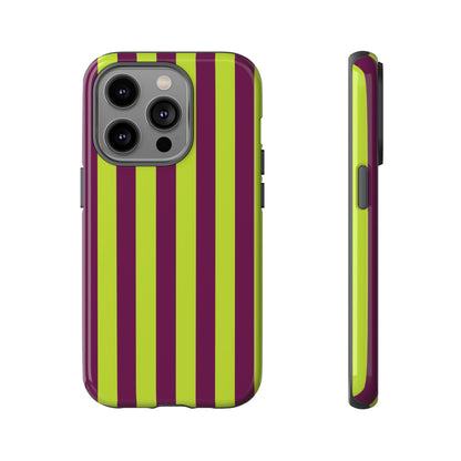 Trendy Neon Lime Green & Plum Stripe Pattern Phone Case - Green Phone Case - iPhone 14 Pro / Glossy